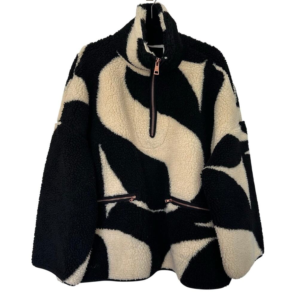 See by Chloé L Oversized Sherpa 1/4 Zip Fleece Pullover Black Cream Designer